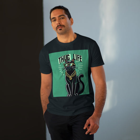 Men’s Black Round Neck Comfy Half Sleeved T-Shirt with Printed Graphics -Thug Life Cat