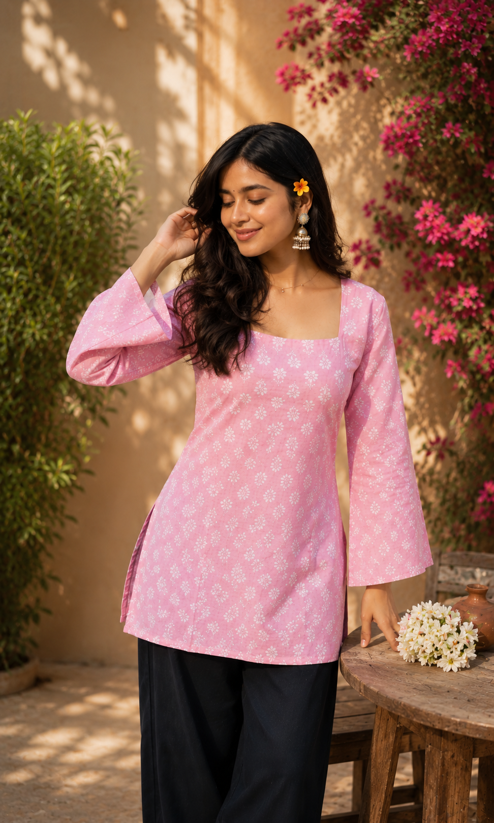 Pink Floral Women's Fashion Printed Straight Kurti